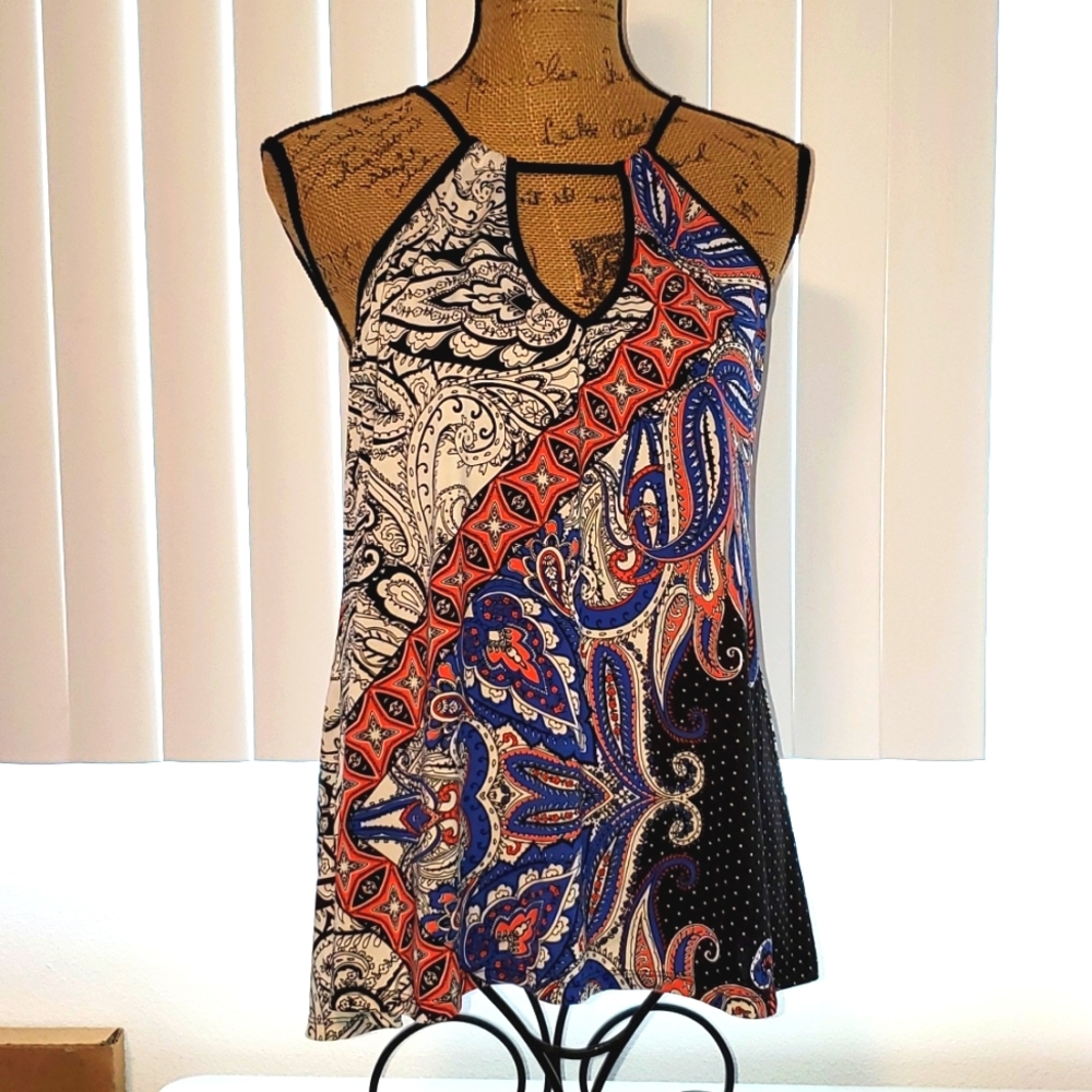 in bloom' vibrant multicolor paisley print sleeveless top tunic Med keyhole
